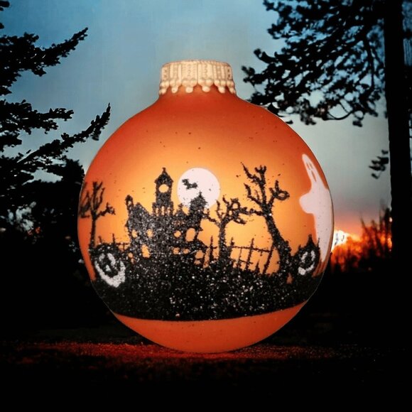 Halloween Haunted House Ghost Graveyard Orange Glass Ball Ornament Vintage - Picture 1 of 8